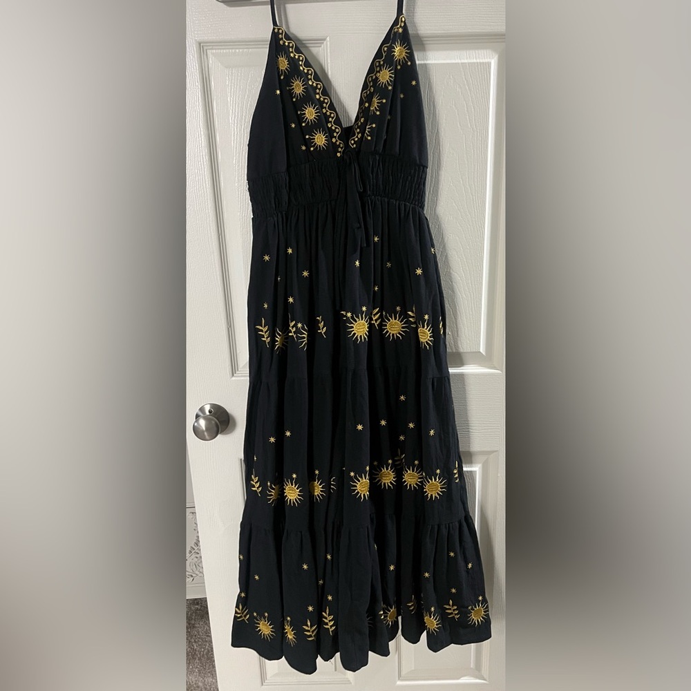 SHEIN Black Maxi Dress with Yellow Sun Embroidery